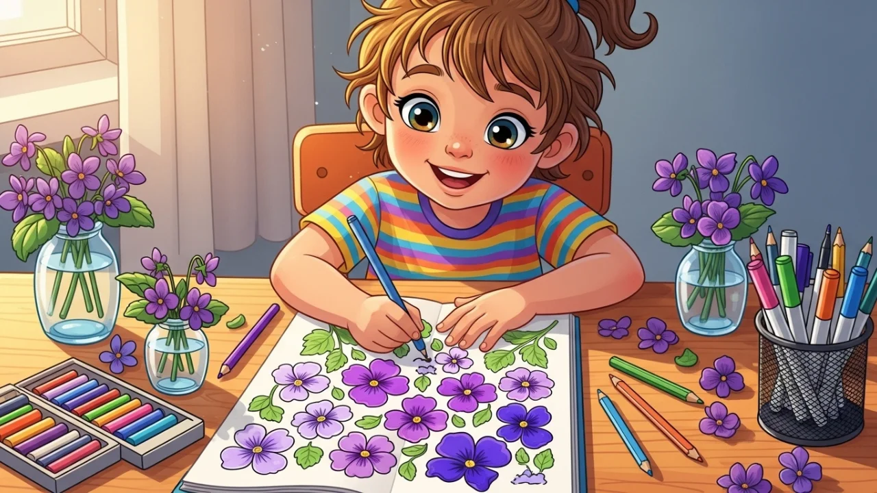 Child coloring violet flowers with crayons and markers