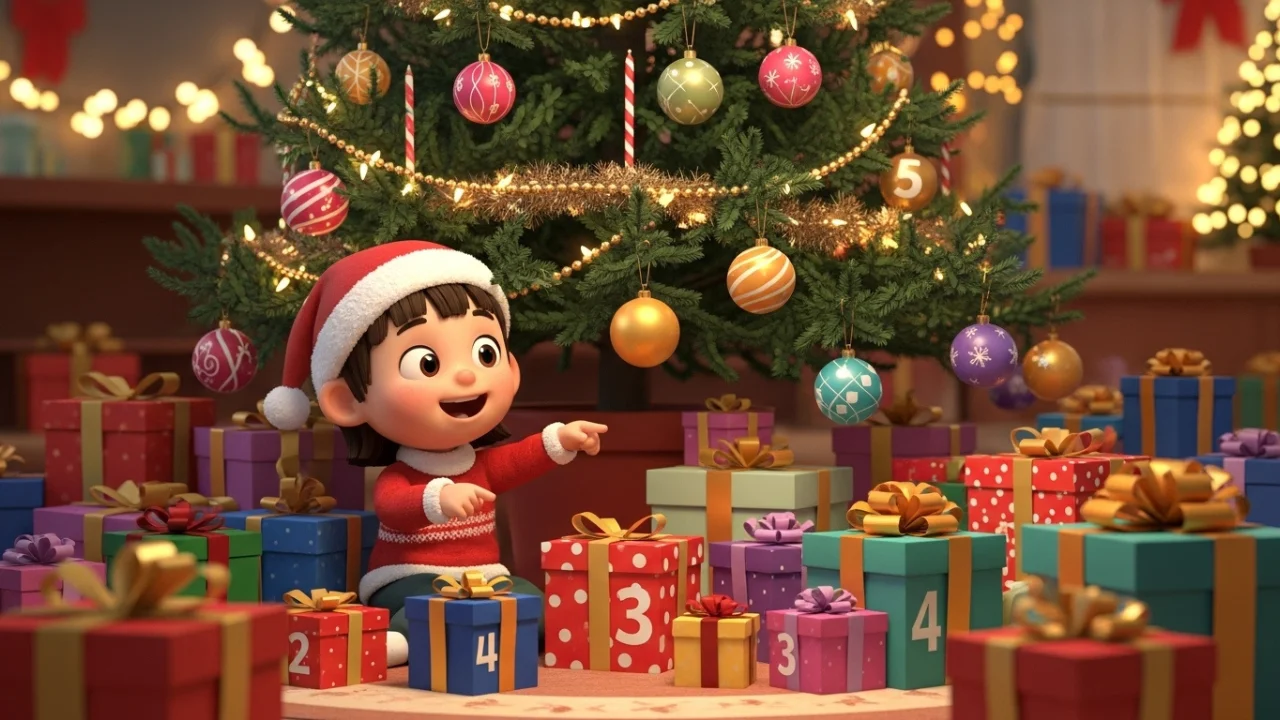 Child counting Christmas gifts and ornaments