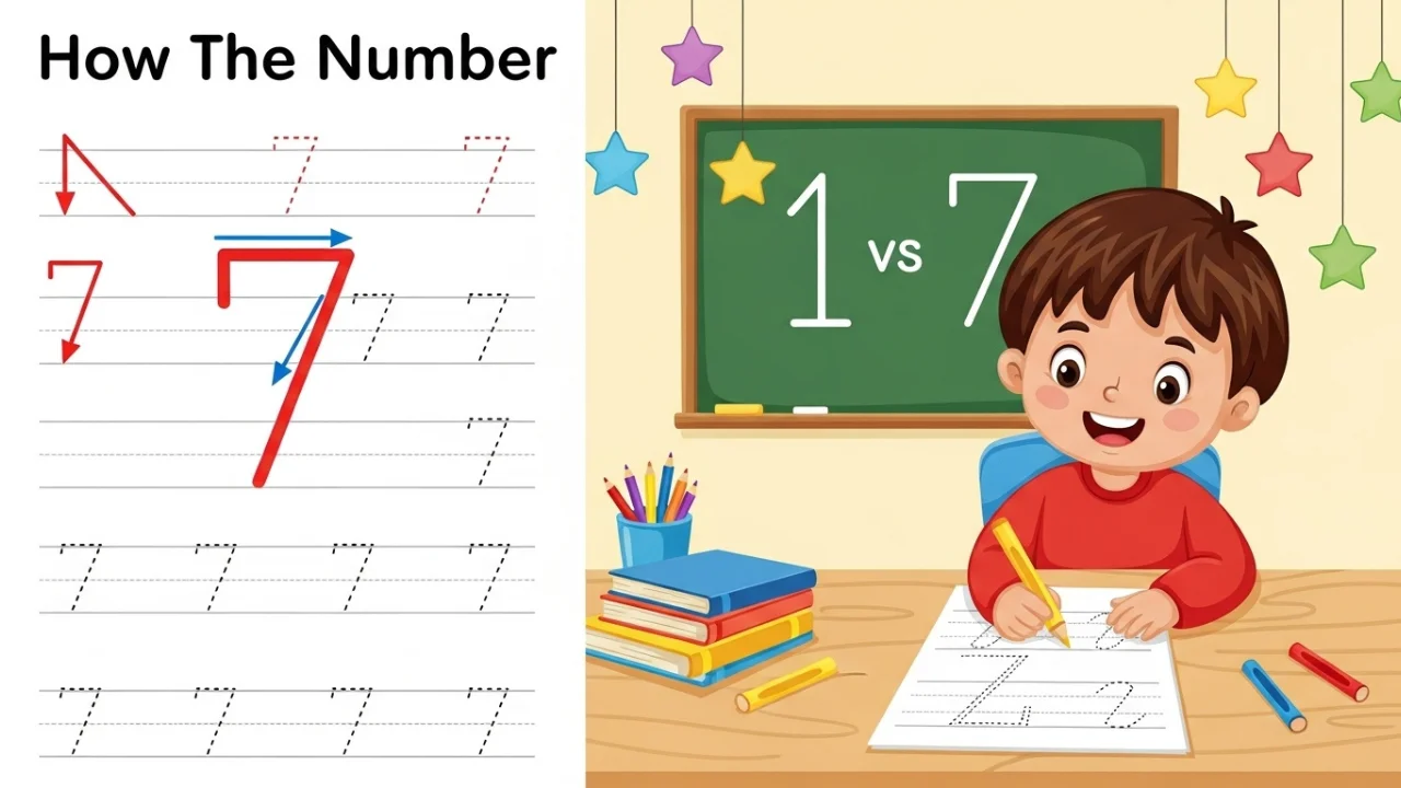 Child tracing number 7 on a worksheet with step-by-step writing guide