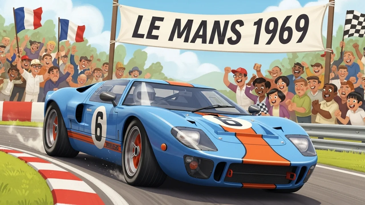 Classic Ford GT40 racing at Le Mans with blue or orange stripes