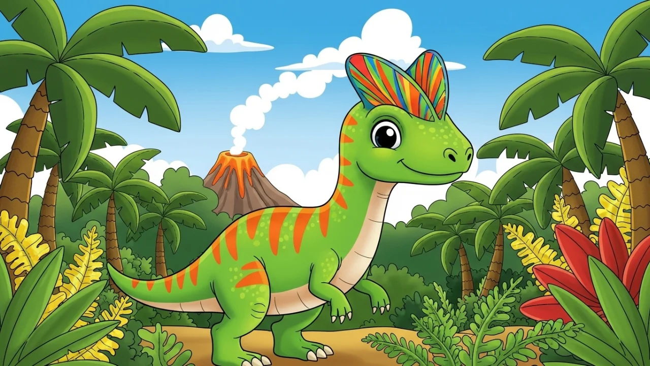 Cute Dilophosaurus with two crests in a prehistoric jungle