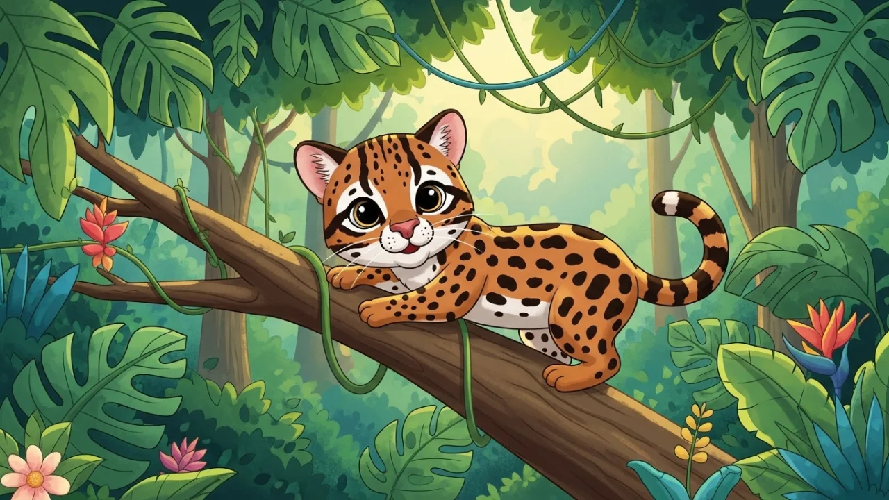 Cute ocelot climbing a tree in a jungle