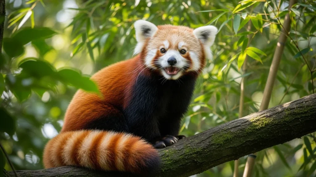 Cute red panda sitting on a tree branch smiling playfully