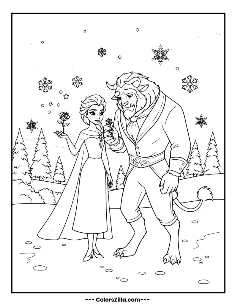 Elsa and Beast enjoy a peaceful snowy day in a winter garden, admiring a small ice sculpture Elsa has made