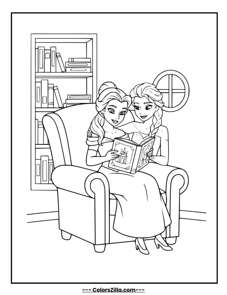 Elsa and Belle sit together in a cozy library, sharing stories from a large book and smiling warmly