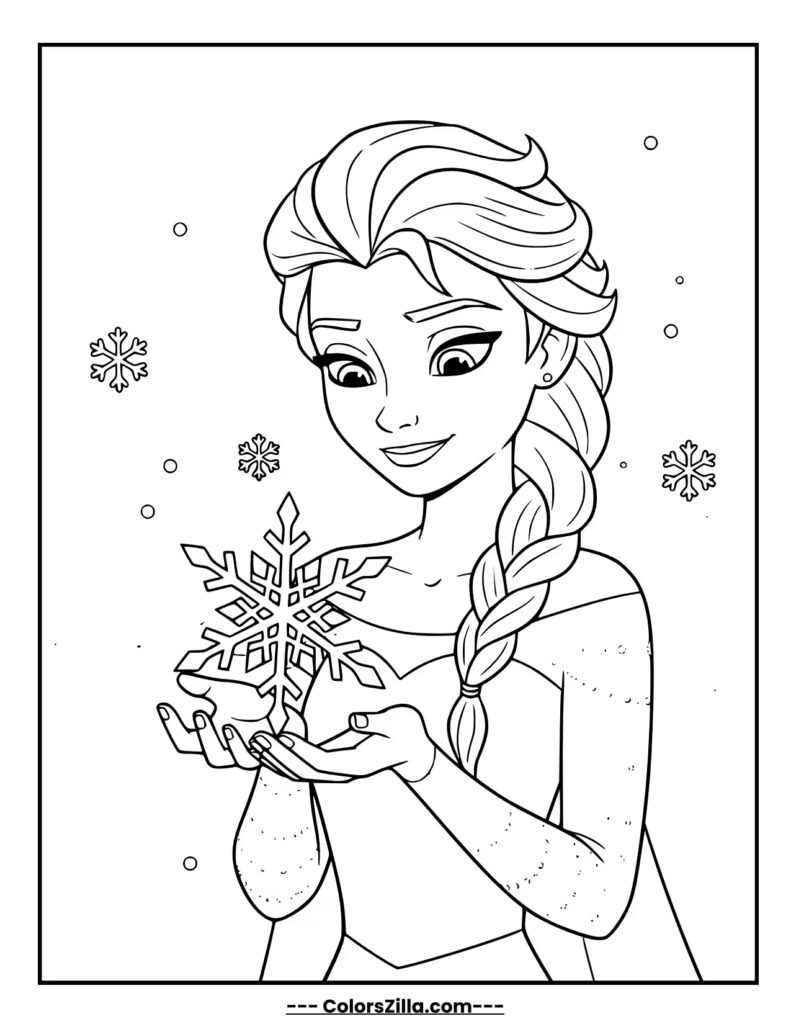 Elsa gently holds a beautiful, unique snowflake in her hand, looking at it with a thoughtful expression