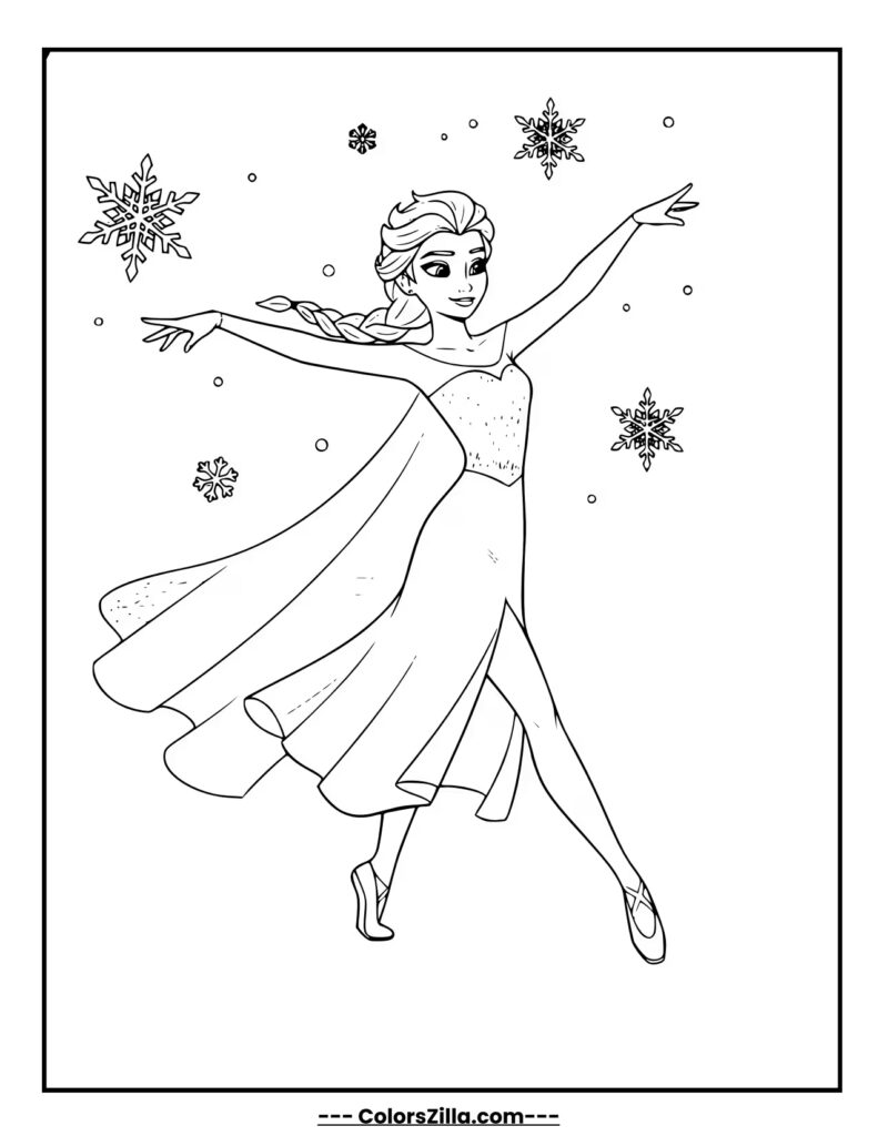 Elsa gracefully glides across an ice rink, leaving beautiful patterns behind her with her flowing cape