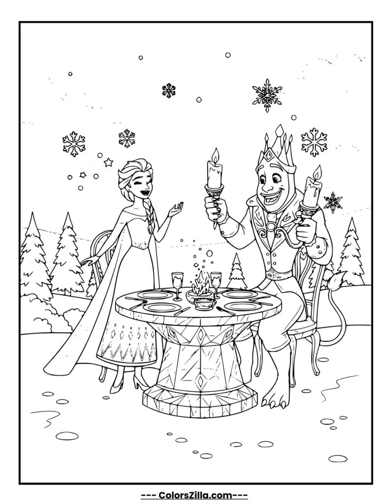 Elsa laughs happily as Lumière, the candelabra, lights up a beautiful ice table set for a special winter meal