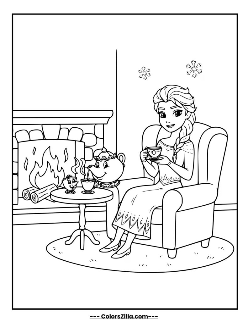 Elsa sits by a warm fireplace, sharing a cup of hot tea poured by Mrs. Potts, enjoying a cozy moment together