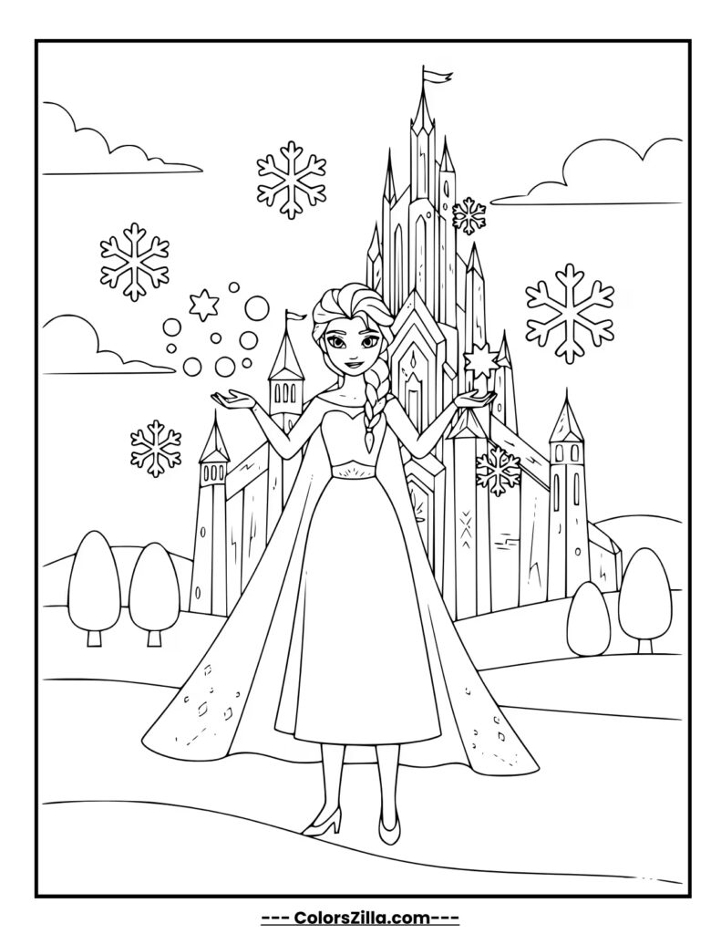 Elsa stands proudly in front of her sparkling ice castle, a serene smile on her face as snow drifts around her