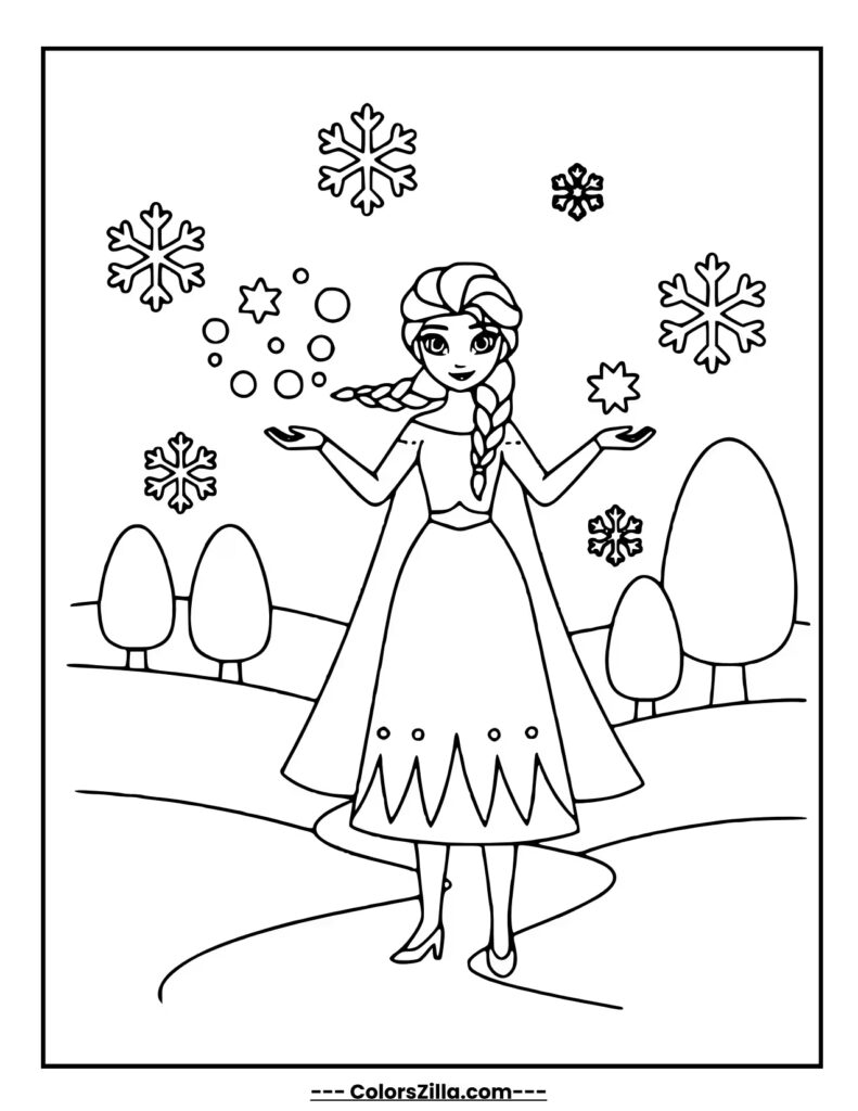 Elsa walks through a snowy forest, creating a path with her ice powers, surrounded by delicate snowflakes