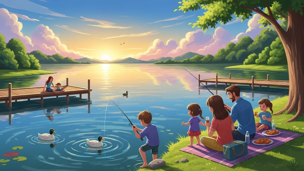 Family enjoying picnic at a lake