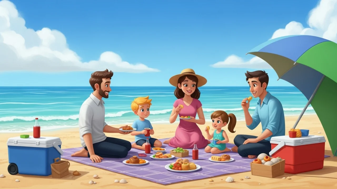 Family enjoying picnic on a beach