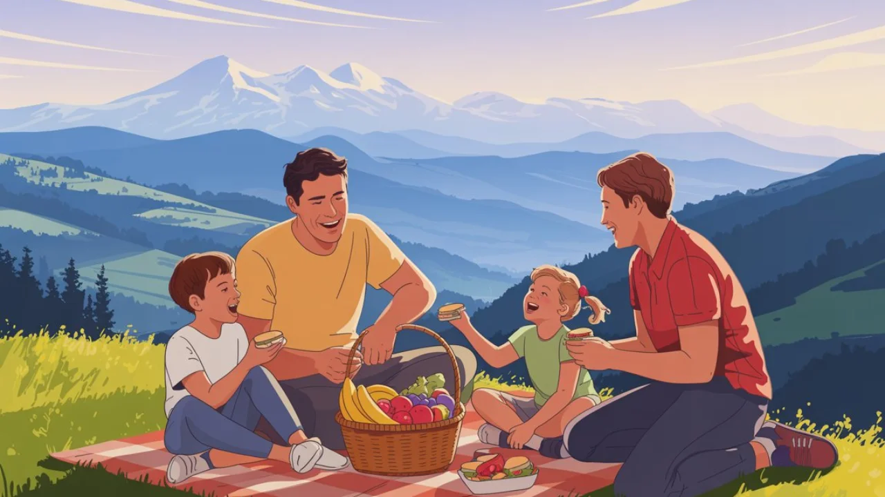 Family enjoying picnic on mountains