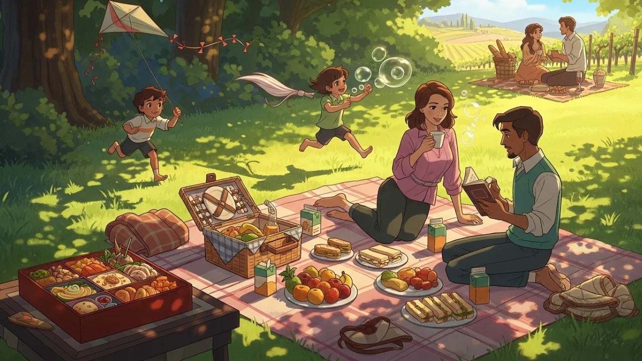 Family enjoying picnic with global traditions