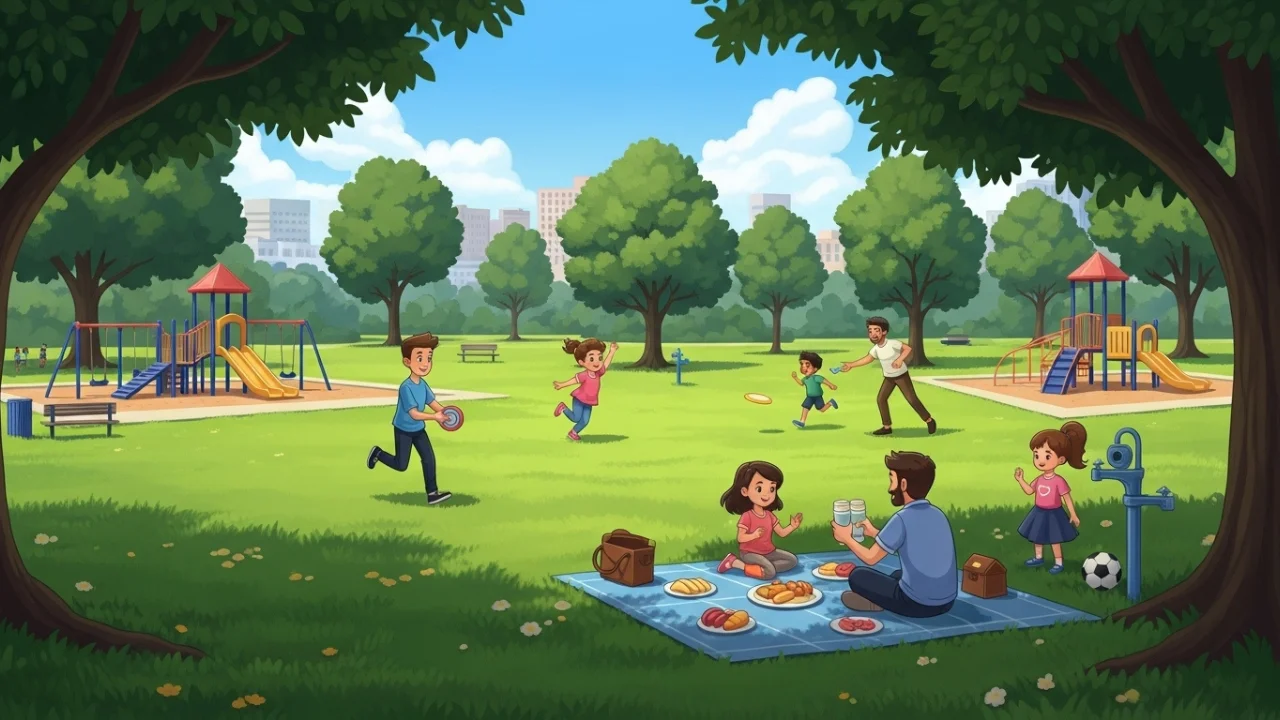 Family in city park