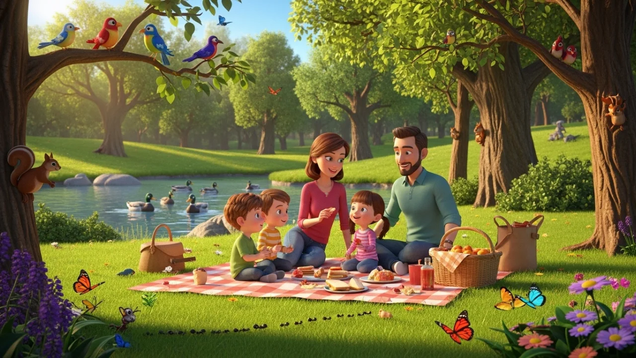 Family picnic surrounded by friendly wildlife