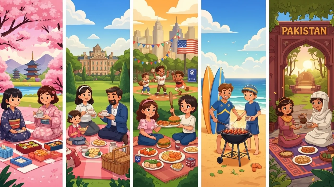 Global families enjoying cultural picnic traditions