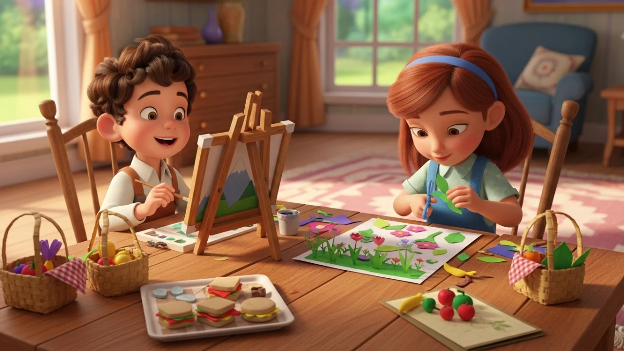 Happy kids making picnic crafts