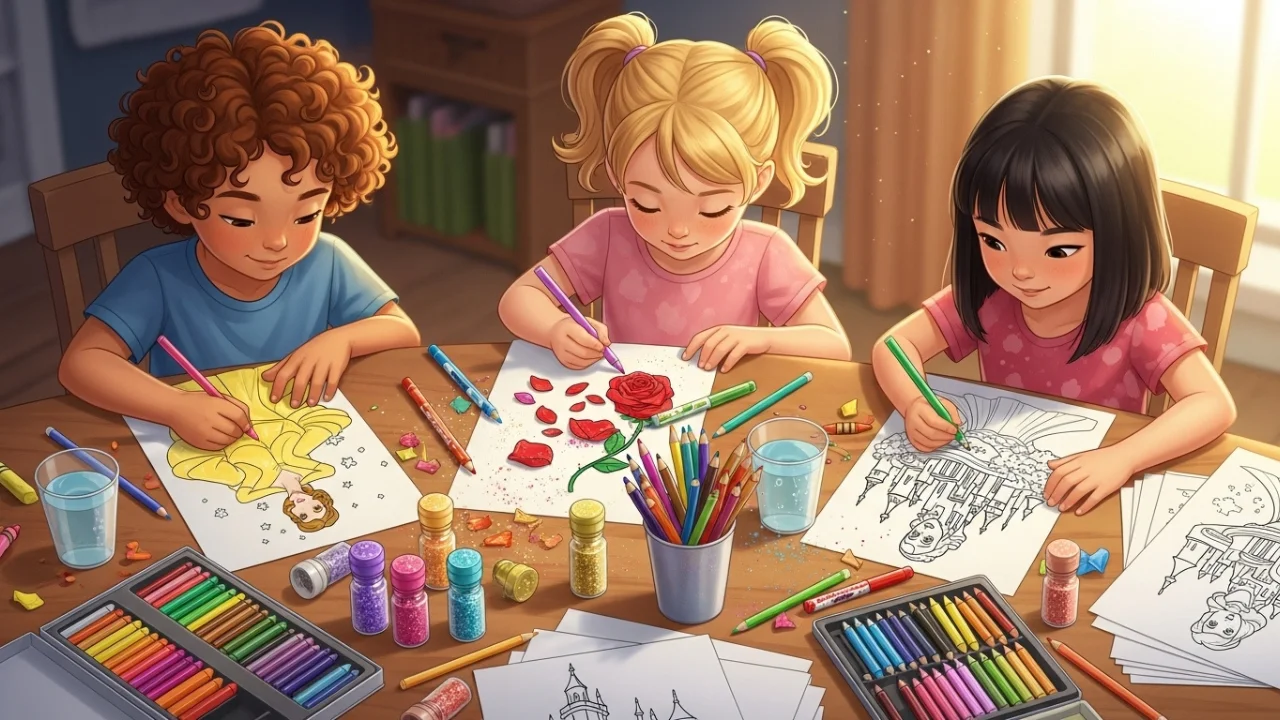 Kids coloring Belle with crayons and glitter