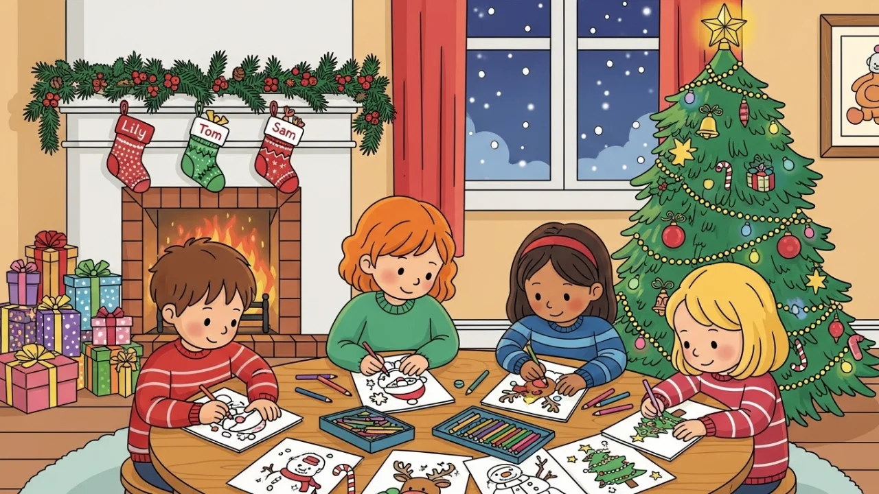 Kids coloring Christmas pages by tree