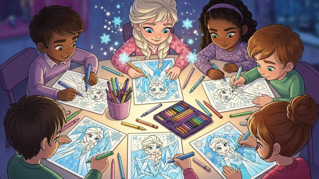 Kids coloring Elsa’s icy world