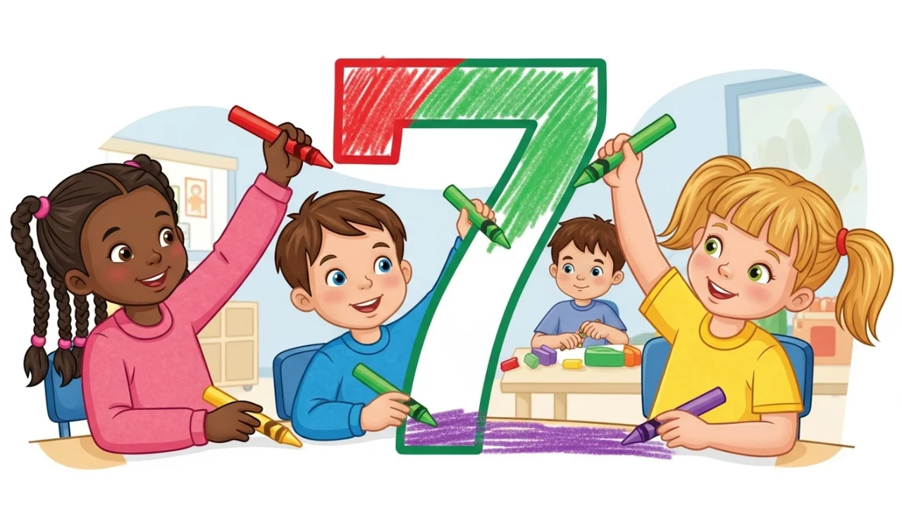 Kids coloring a big number 7