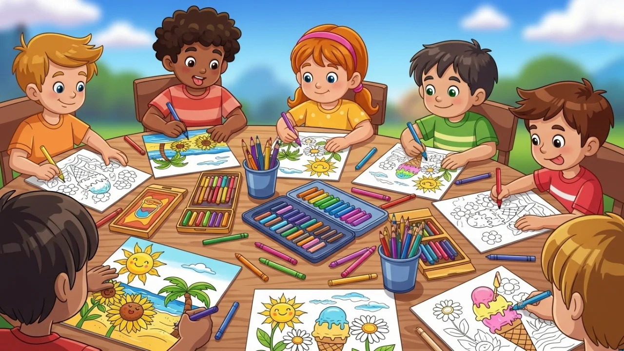 Kids coloring bright summer pages