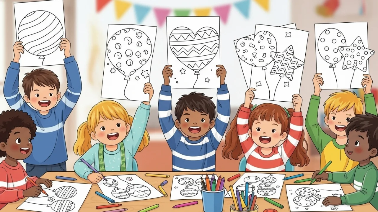 Kids coloring colorful balloon pages with fun patterns