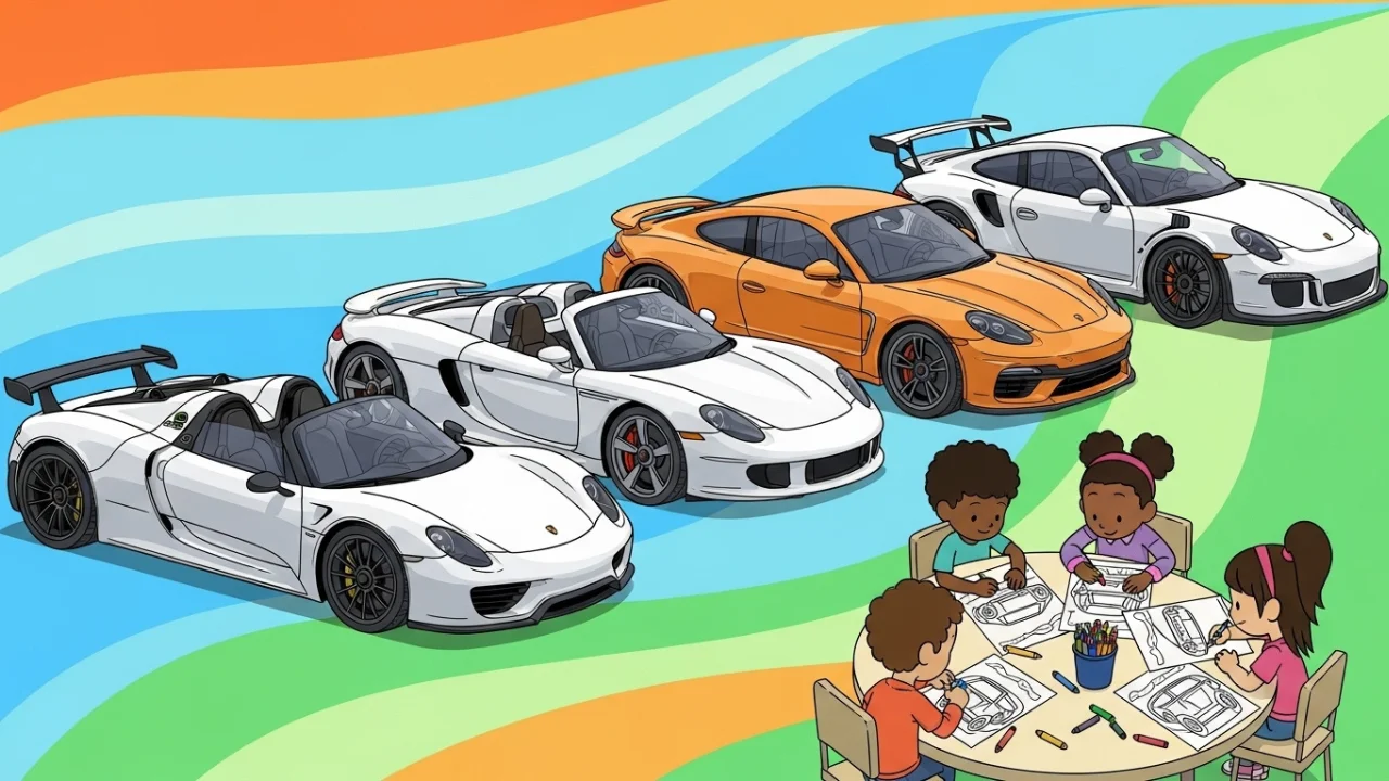 Kids coloring famous Porsche car models