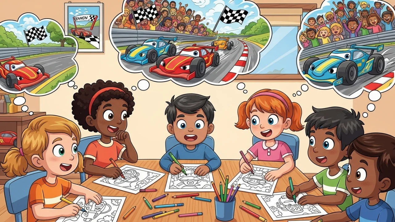 Kids coloring race cars at a race track