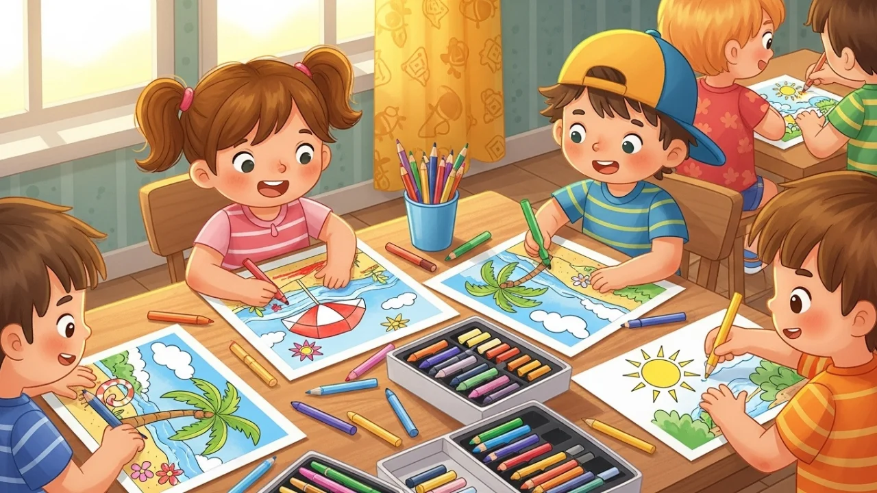 Kids coloring summer scenery pages