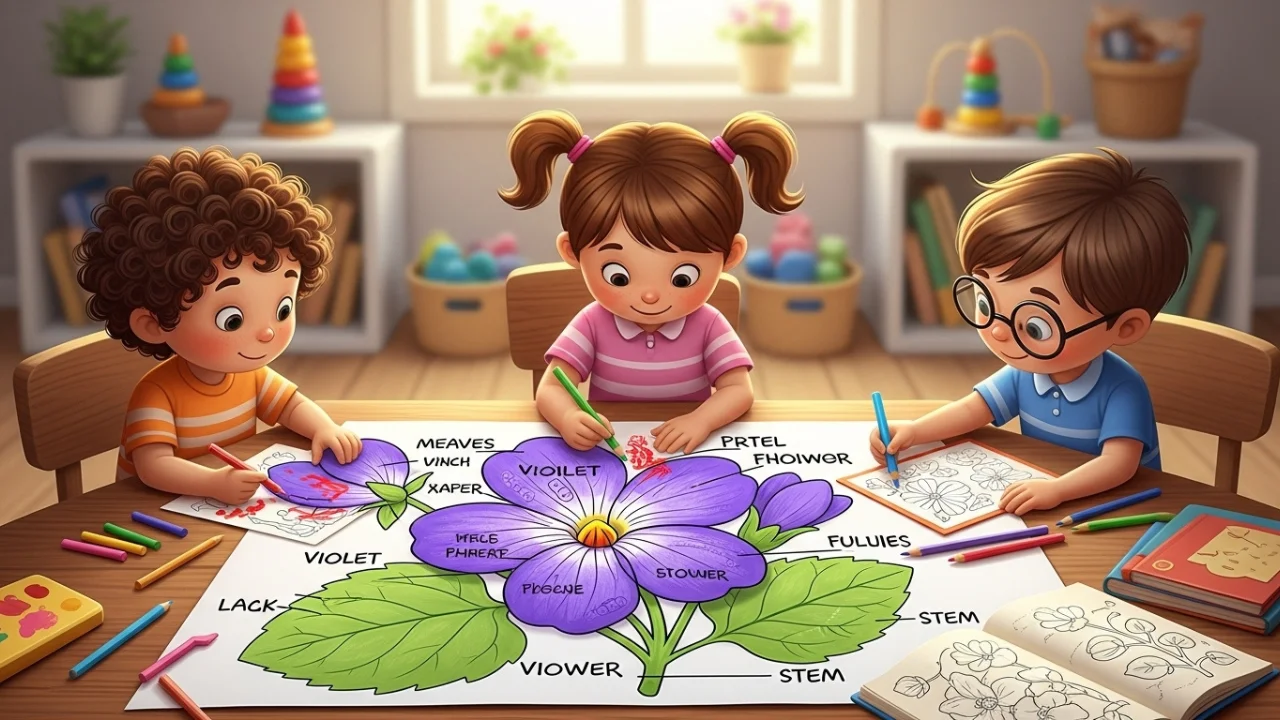 Kids coloring violet flower diagram with petals and leaves