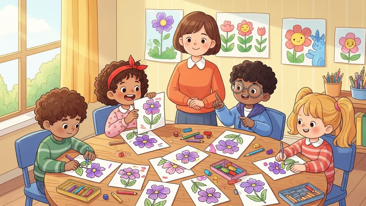 Kids coloring violet flower pages in a fun classroom activity