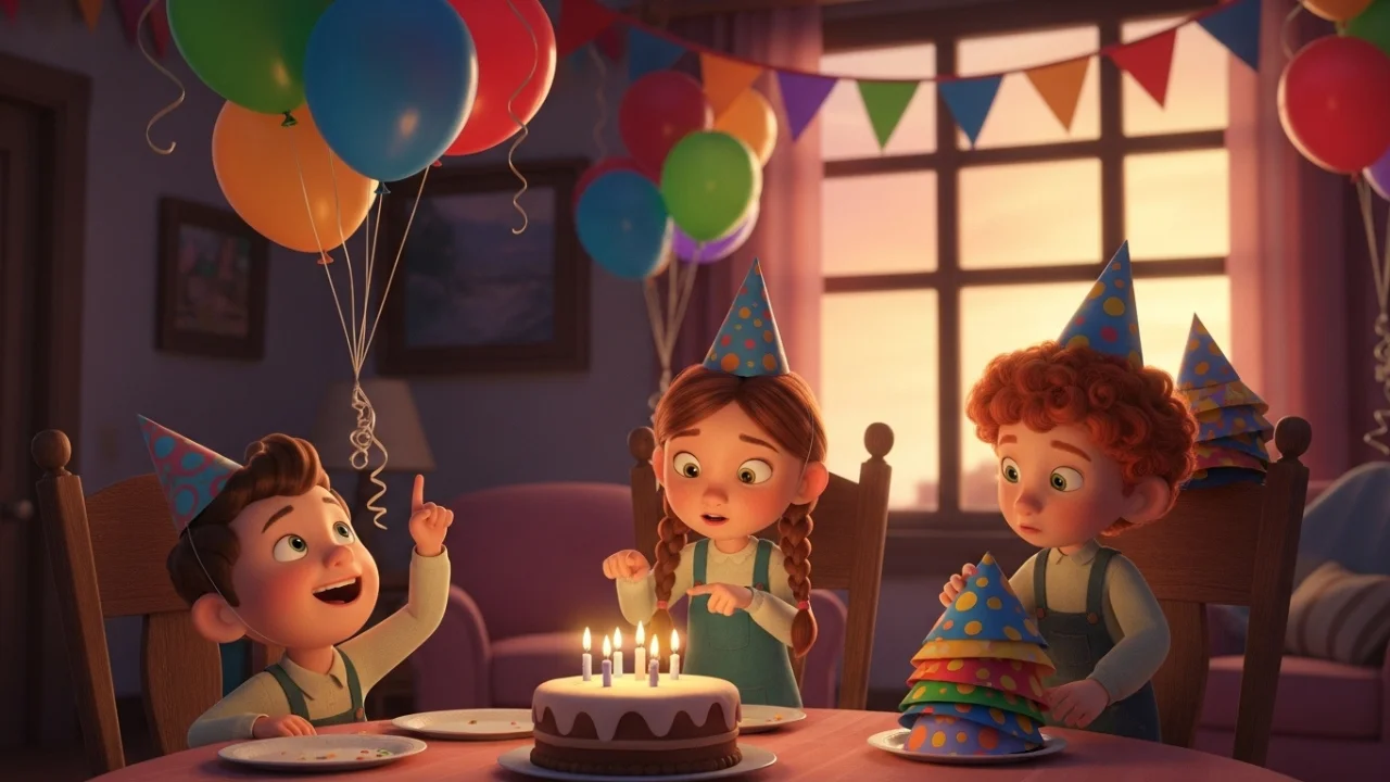 Kids counting candles and balloons