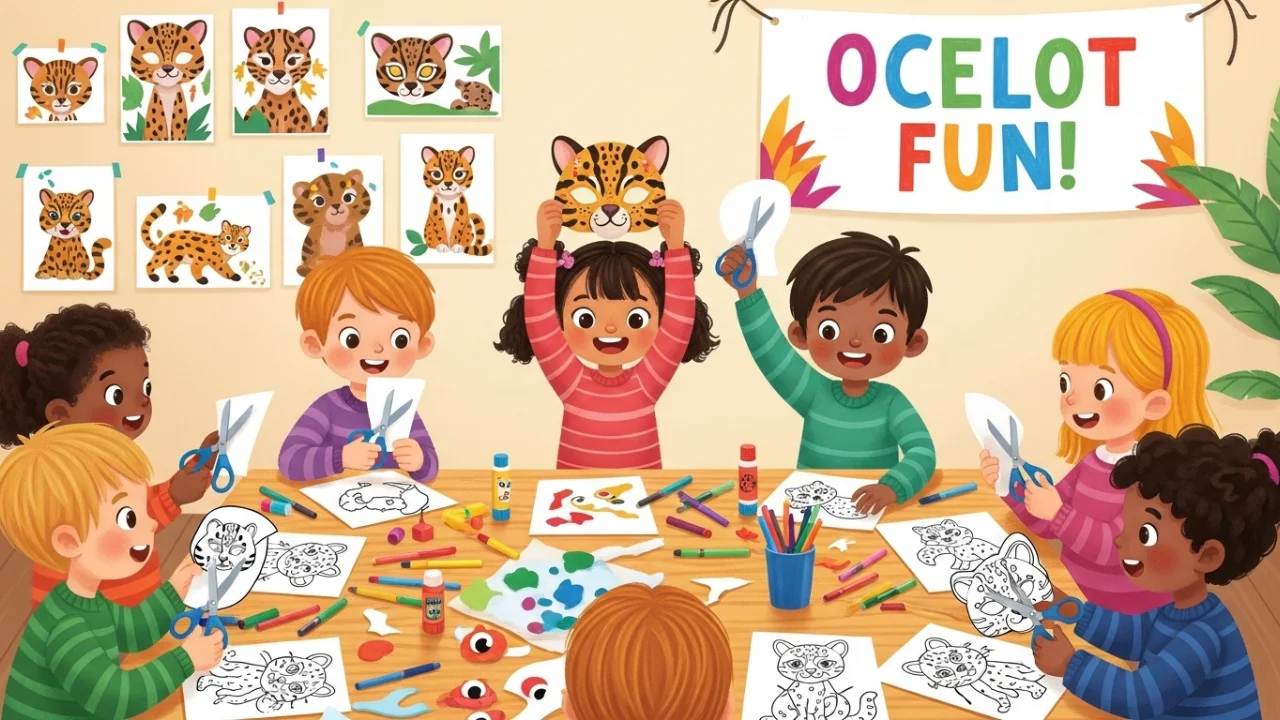 Kids creating ocelot-themed crafts from coloring pages