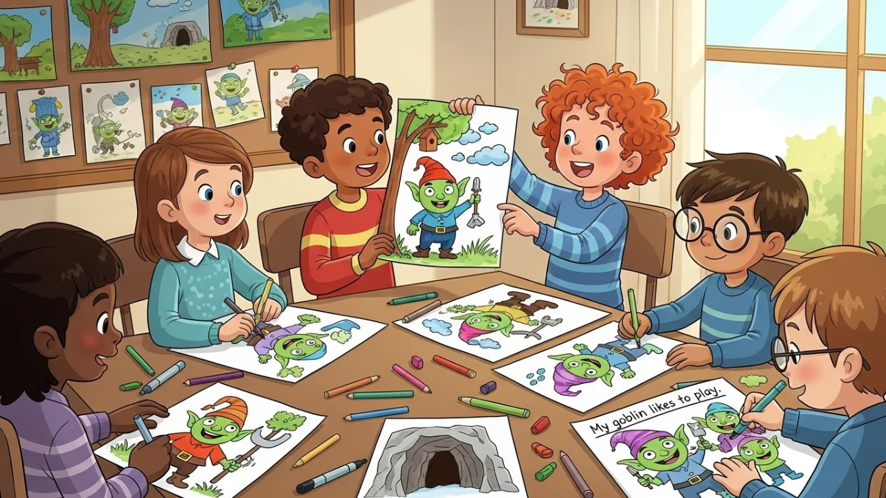 Kids creating stories while coloring goblins