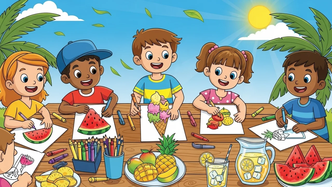 Kids enjoying summer foods and fruits.