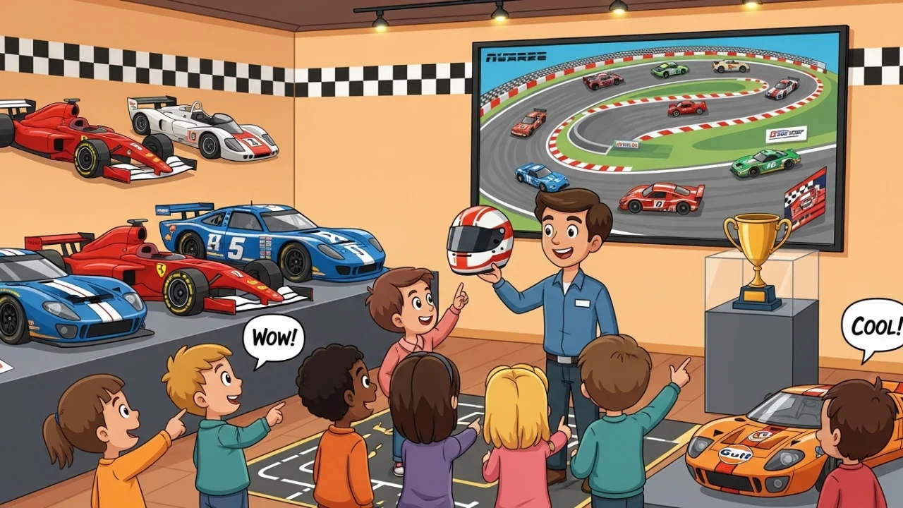 Kids exploring race cars and trophies in a racing museum