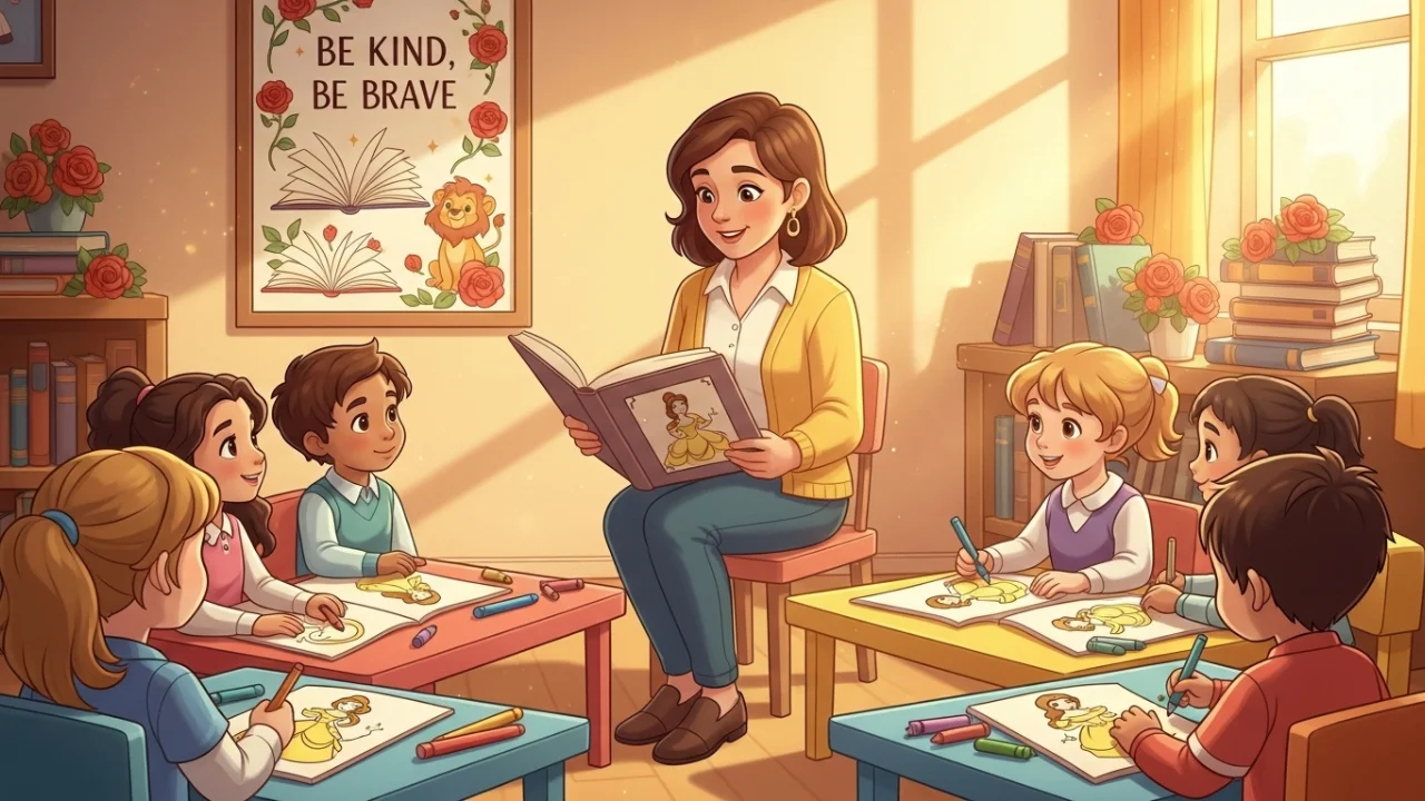 Kids learning Belle's kindness and bravery from Teacher