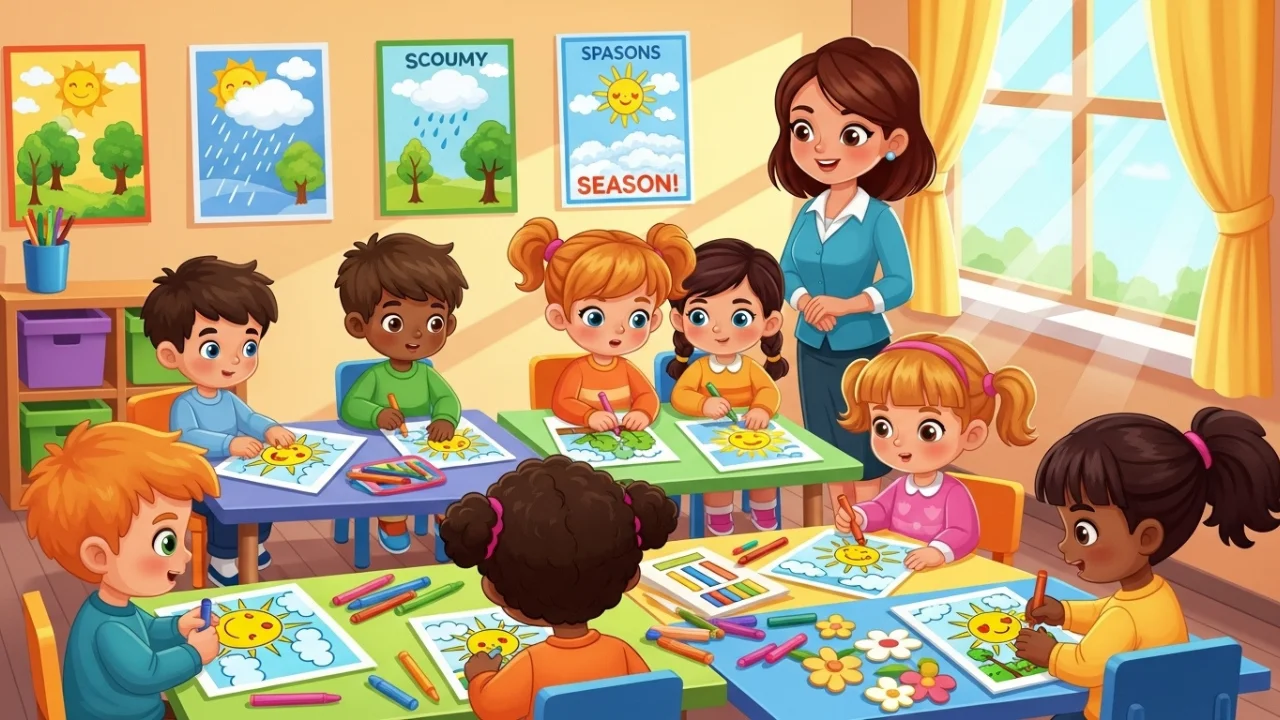 Kids learning about summer through coloring