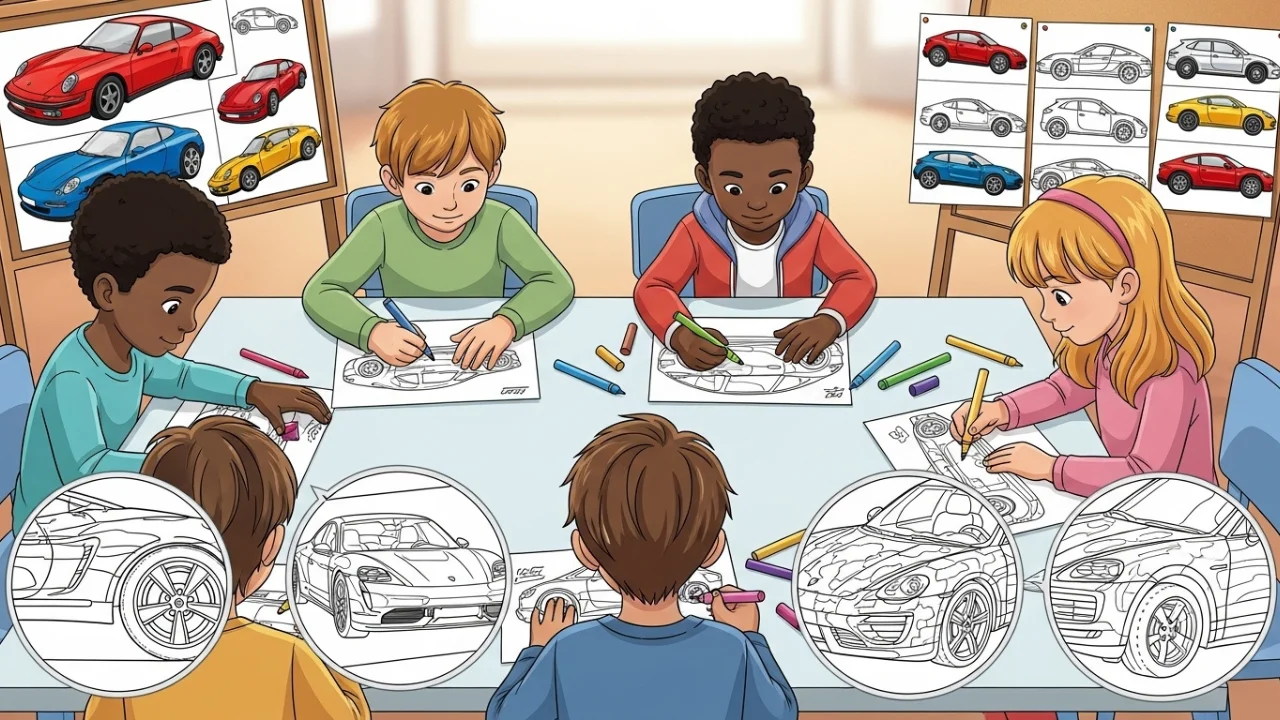 Kids learning and coloring Porsche cars