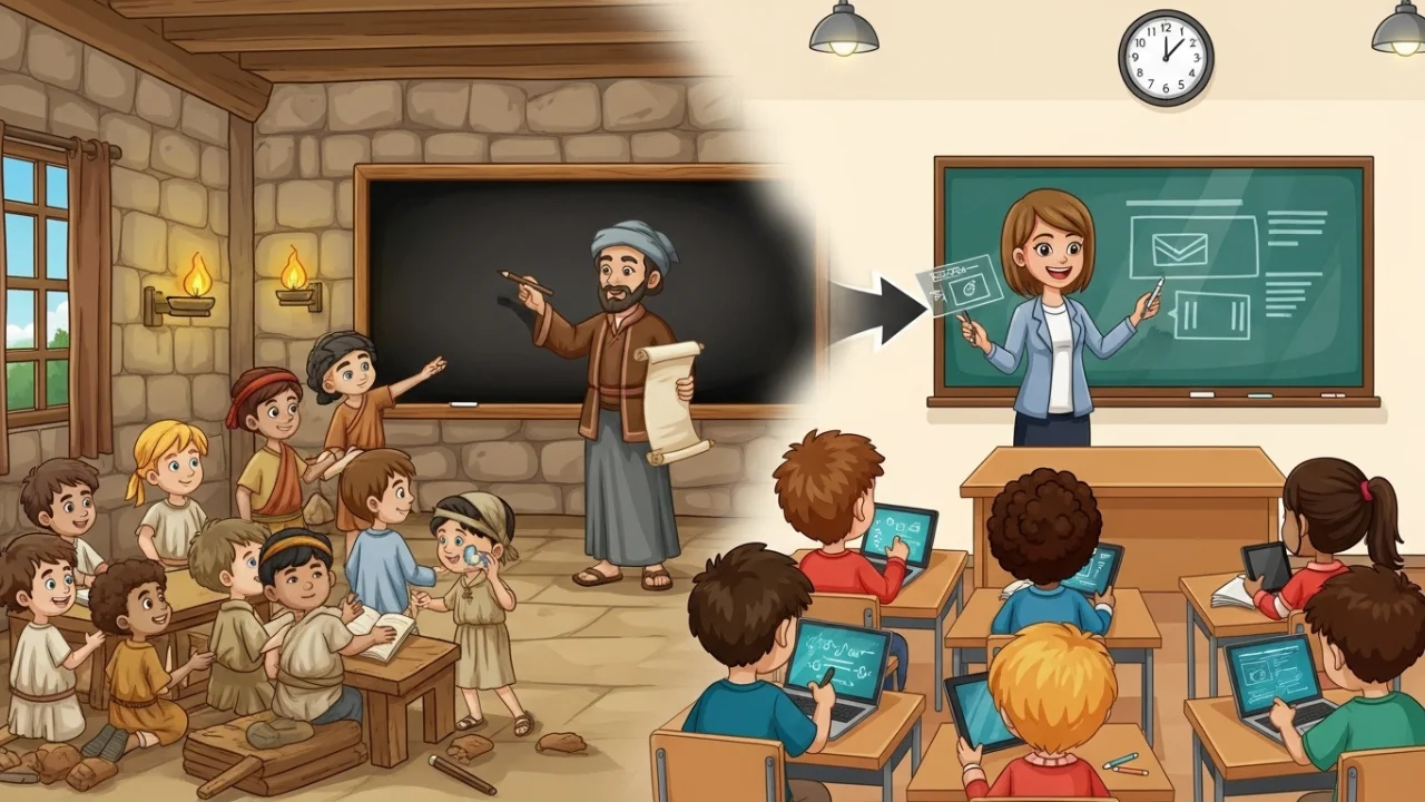 Kids learning in old and modern classrooms