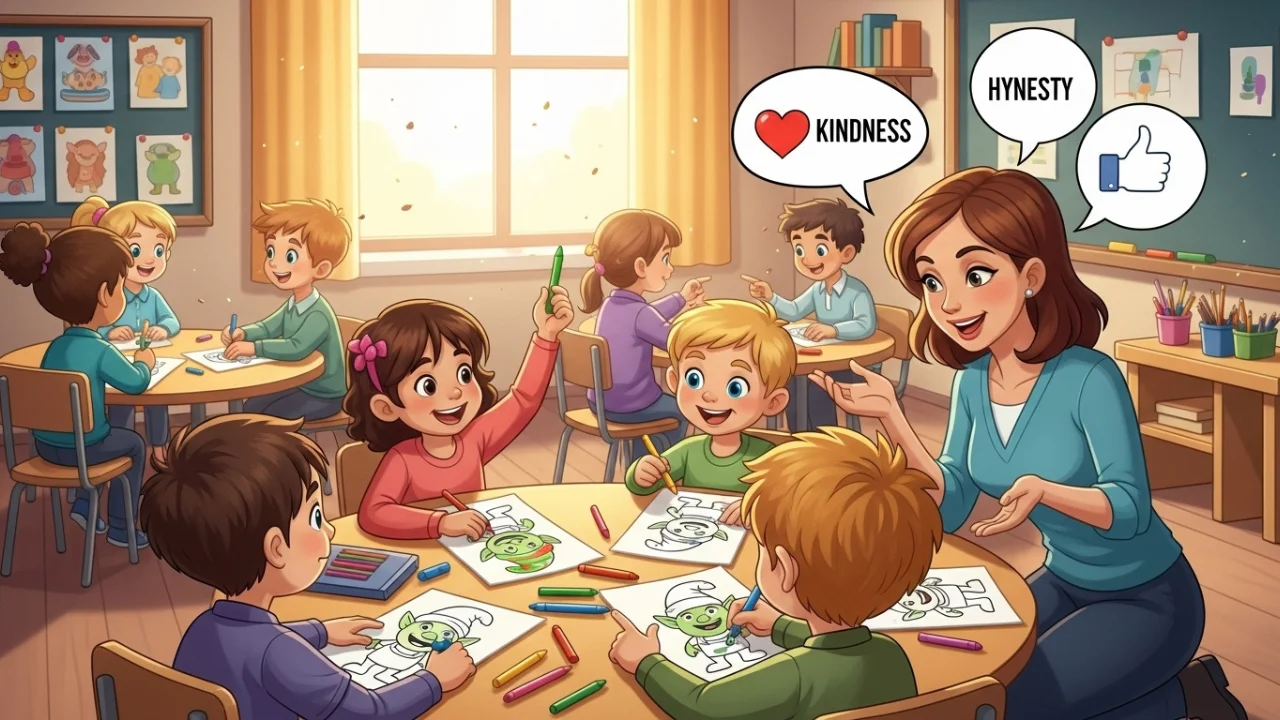 Kids learning kindness and teamwork with goblins