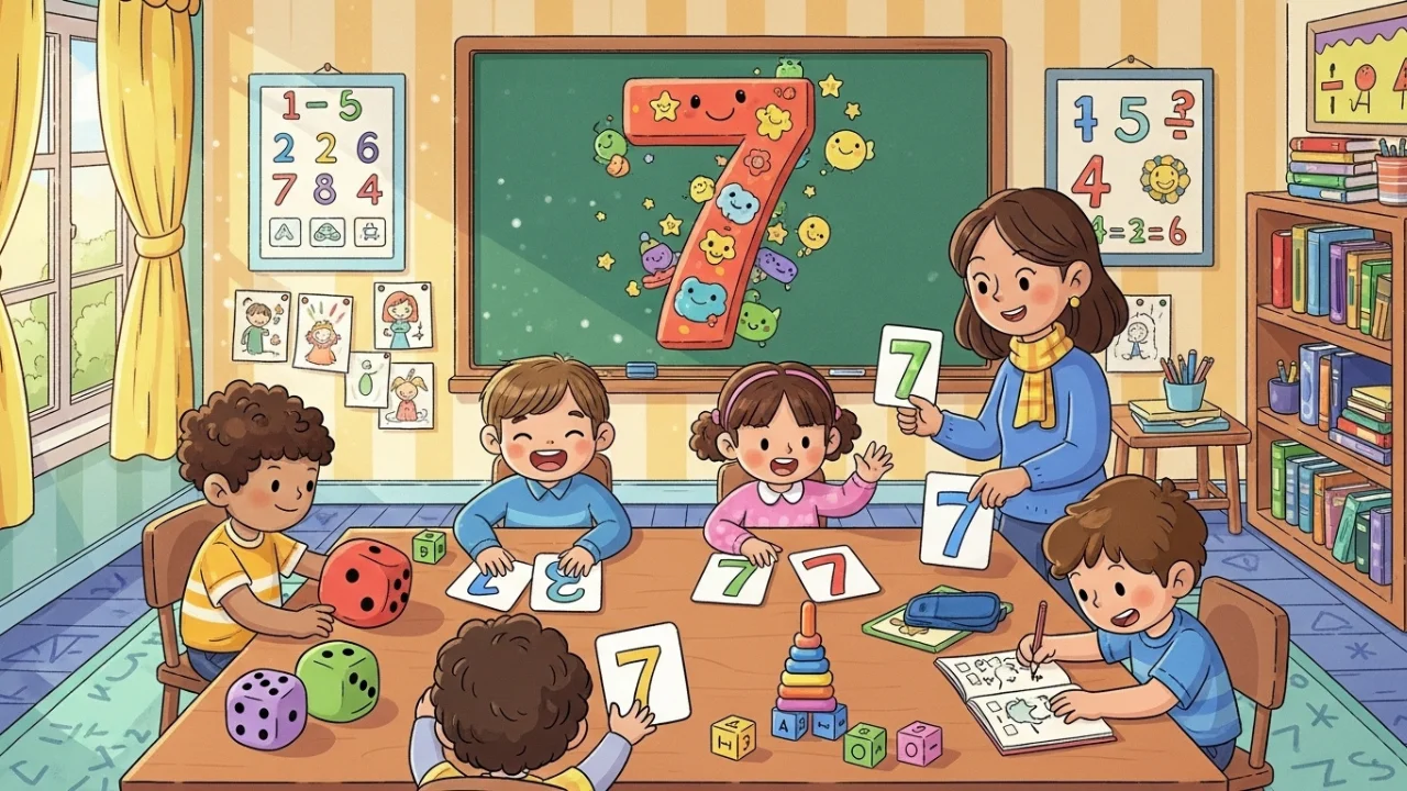 Kids learning math games with number 7 in a fun classroom