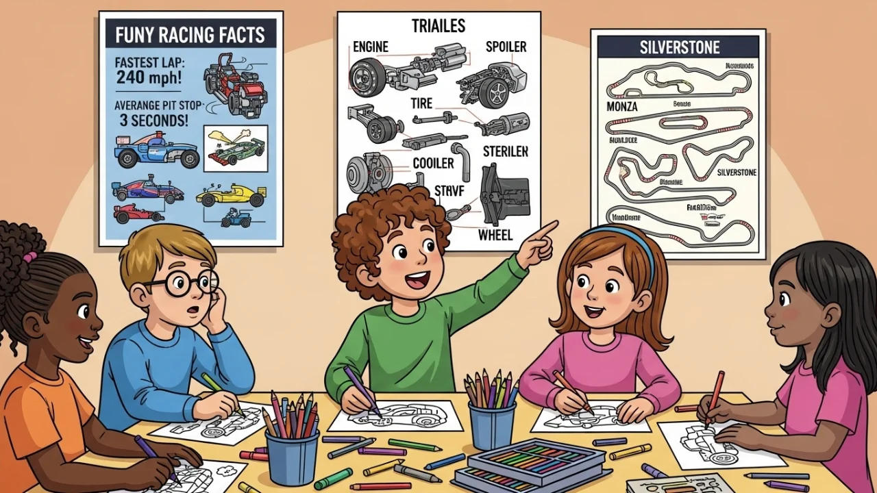 Kids learning racing facts while coloring cars