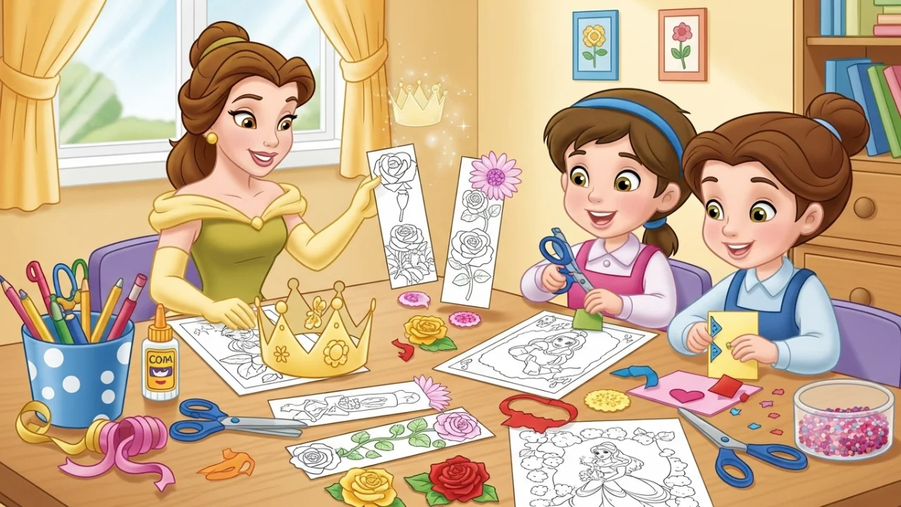 Kids making Belle crafts from coloring pages.