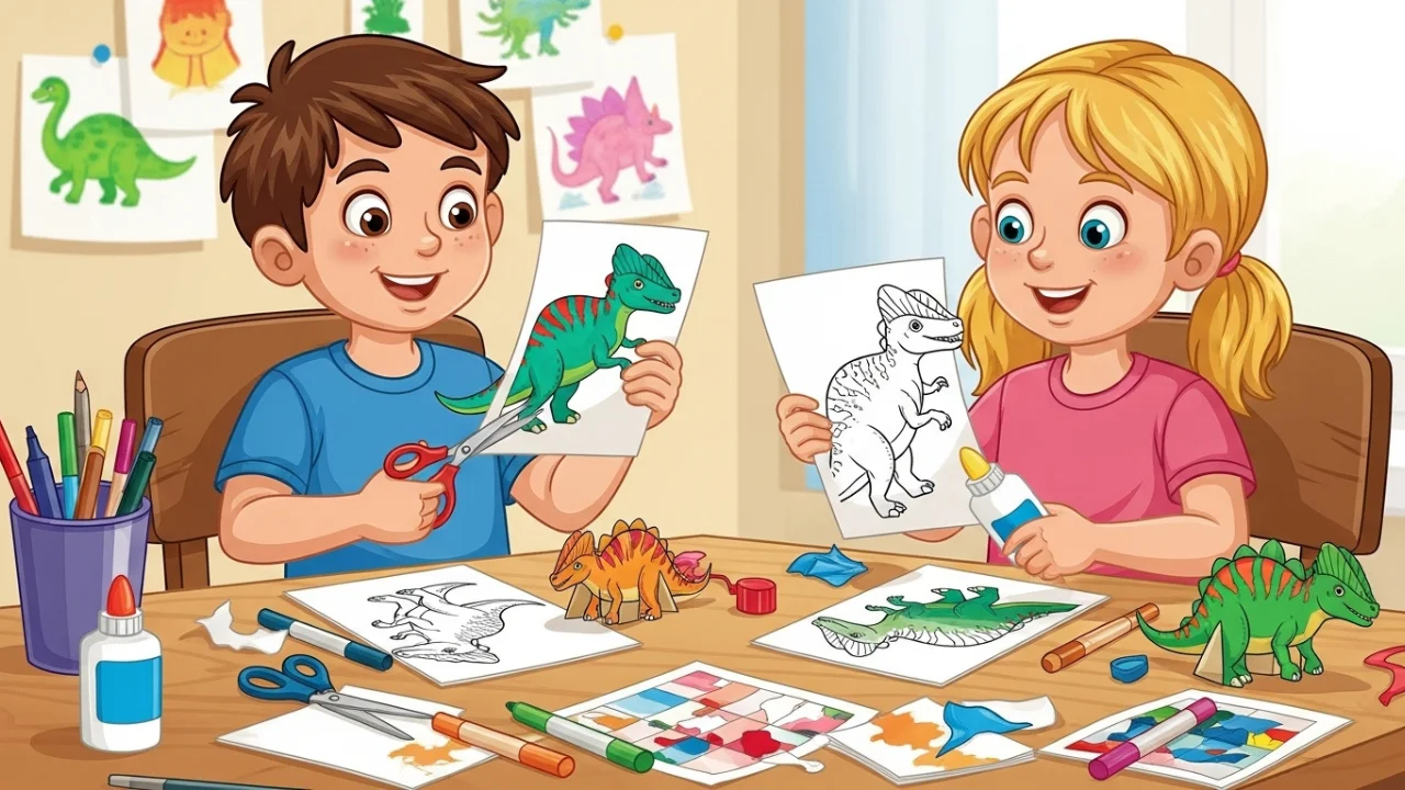Kids making Dilophosaurus crafts