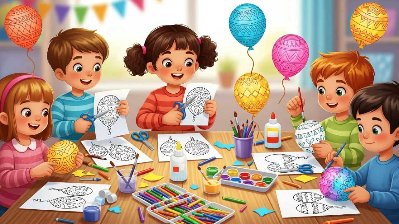 Kids making colorful balloon crafts with their coloring pages