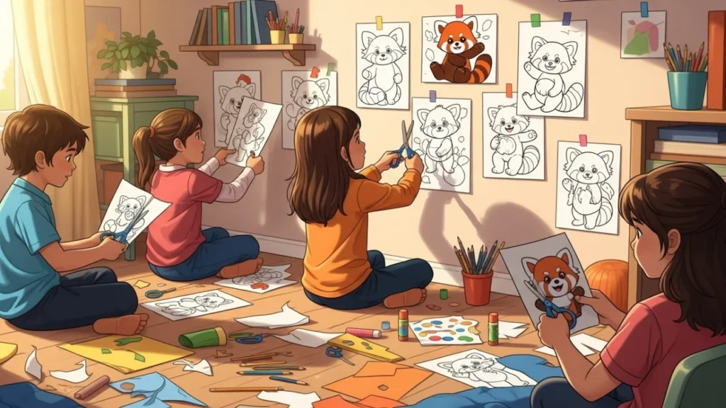 Kids making crafts with red panda coloring pages